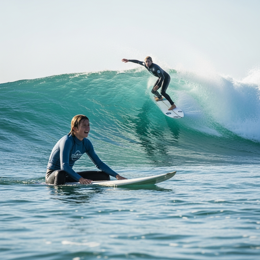 גולש מתחיל ומתוסכל יושב על גלשן קטן באוקיינוס ומתקשה לתפוס גל, בעוד גולש מנוסה רוכב על הגל בצורה חלקה ברקע.