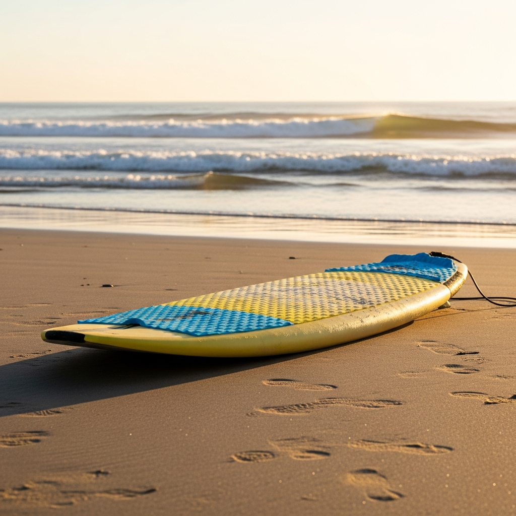 גלשן סופט רחב ויציב מונח על חוף חולי בשעת זריחה, עם גלים עדינים נשברים ברקע, בחירה מושלמת לגולשים מתחילים
